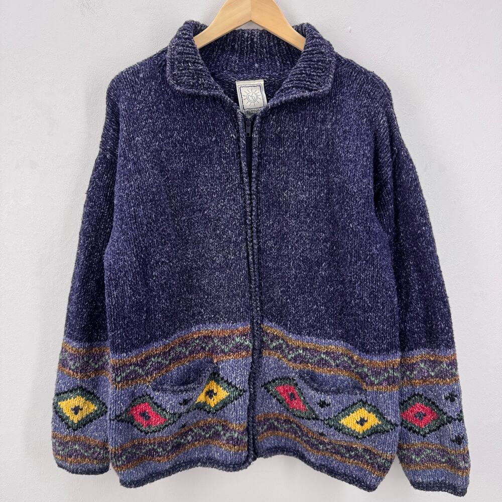 VTG Del Mundo Handknit Wool Cotton Aztec Southwestern Sweater Zip Front Women's